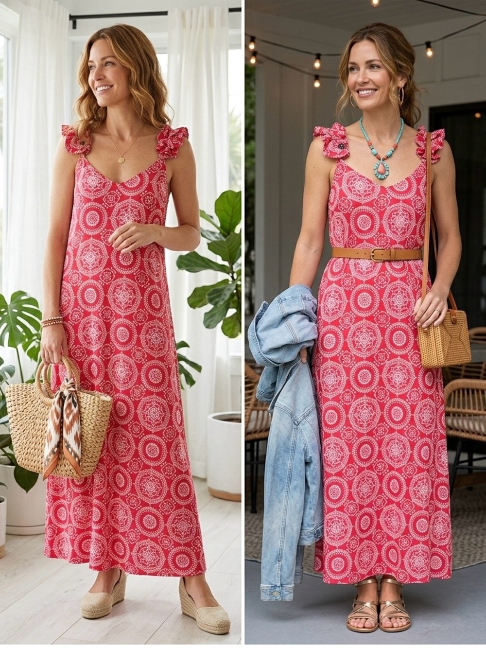 Vince Camuto Pink Printed Maxi Dress with Ruffle Straps - Size Small